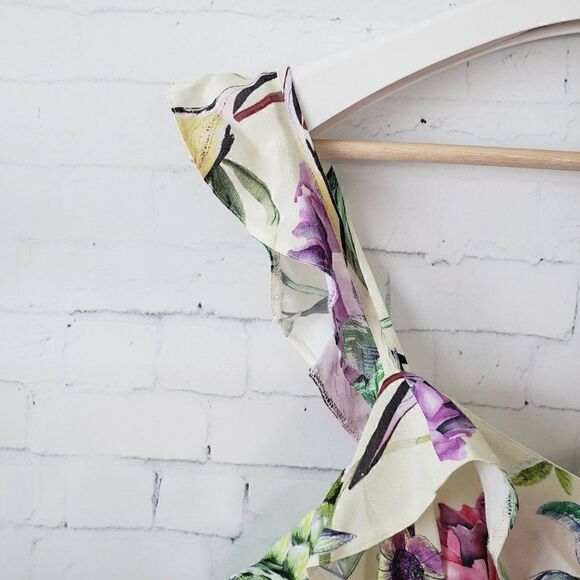 H&M Floral Bird Print Midi Sun Dress Open Back Size 4 NEW Yellow Ruffle Strap - Picture 7 of 13